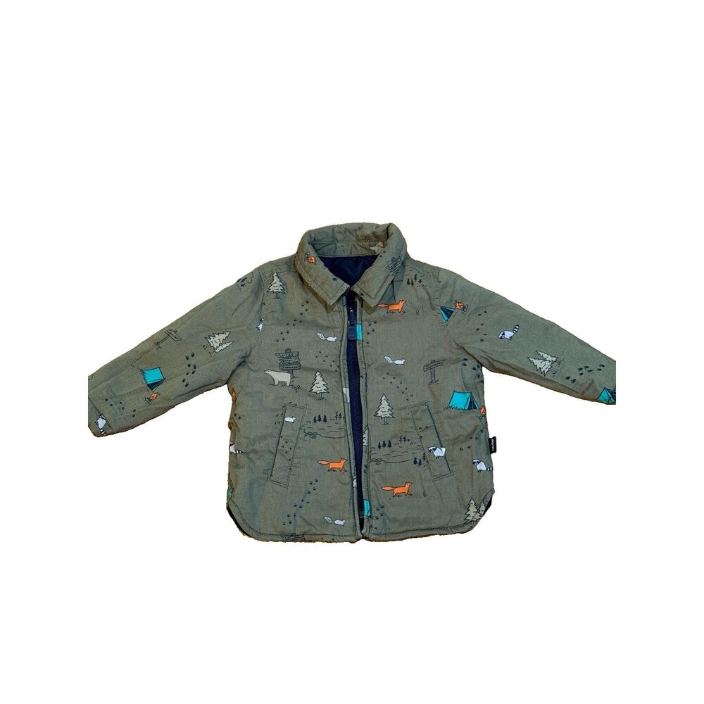 GAP Baby Boys Reversible Quilted Jacket Size 6-12M Woodland Camp Animals EUC